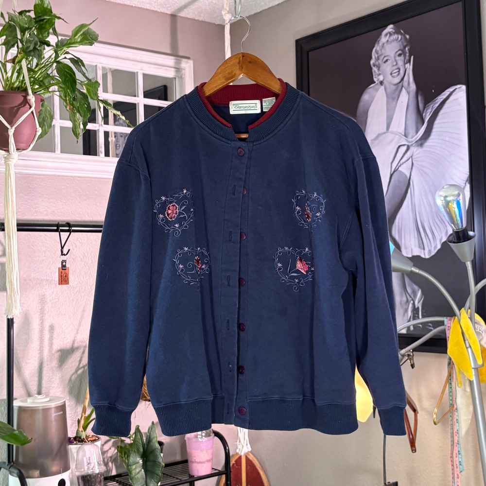 Shenanigans Navy Blue Embroidered Button Up Cardigan‎ Sweatshirt Jacket Size L